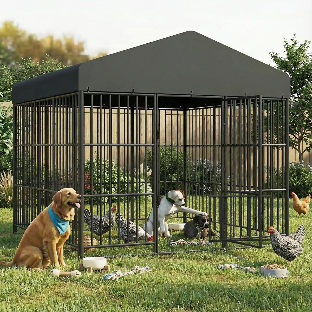 Large metal outdoor dog kennel with waterproof roof and double locking door