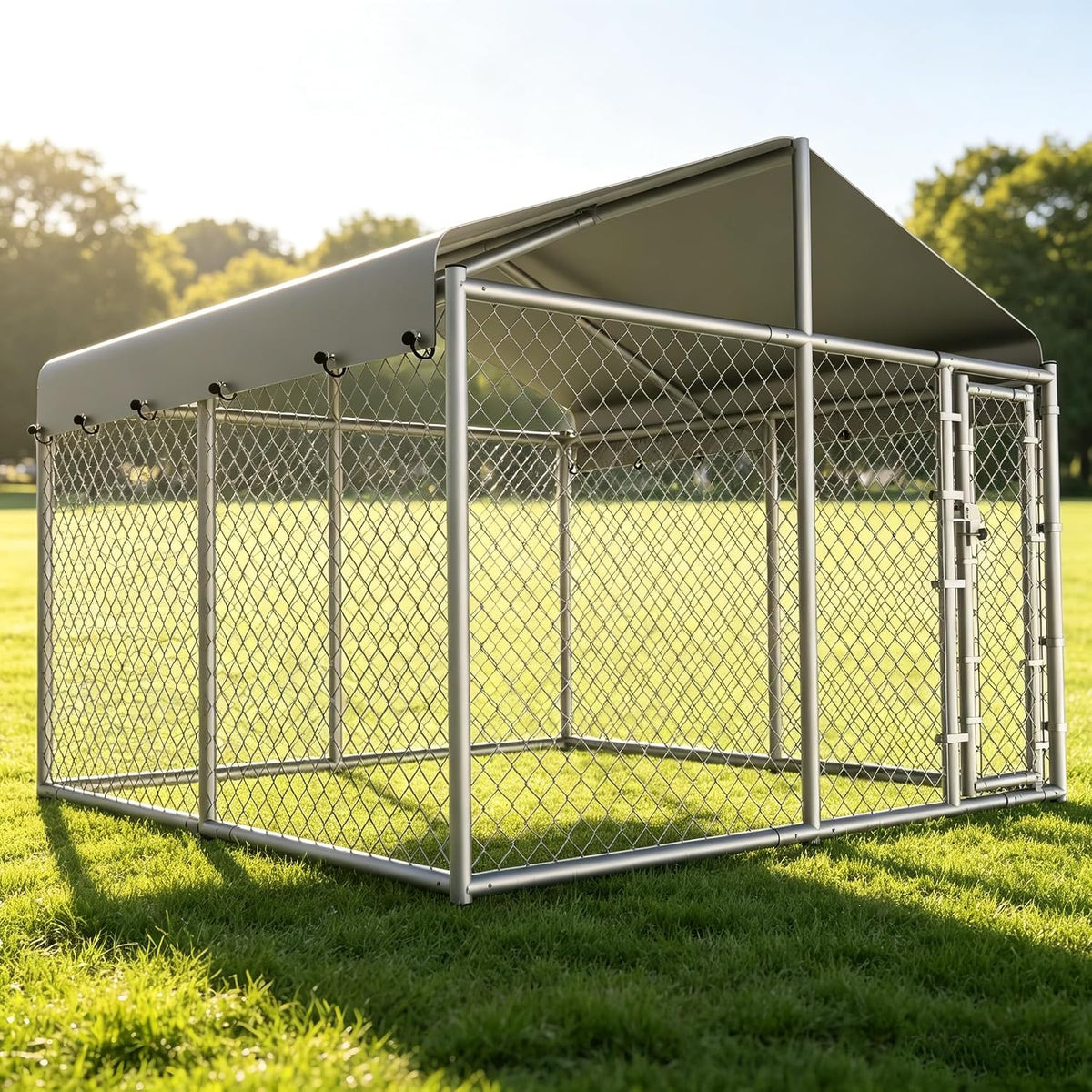 Galvanized chain link outdoor dog kennel with roof, 10 x 10 ft