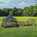 Two-tier mesh cat playpen with attached collapsible tunnel on a patio
