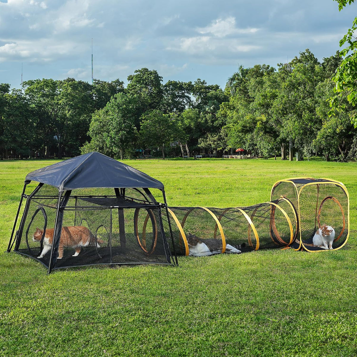 Two-tier mesh cat playpen with attached collapsible tunnel on a patio