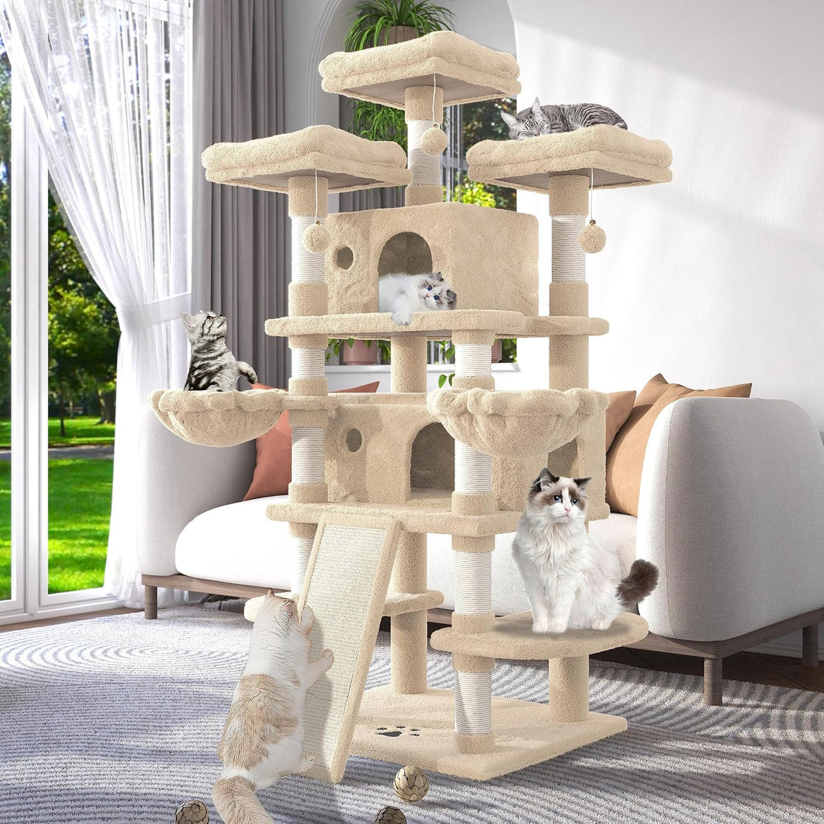Dark grey 68 inch plush multi-level cat tree with hammocks and condo – view 3