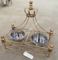 Antiqued gold jeweled crown iron pet feeder with two stainless bowls