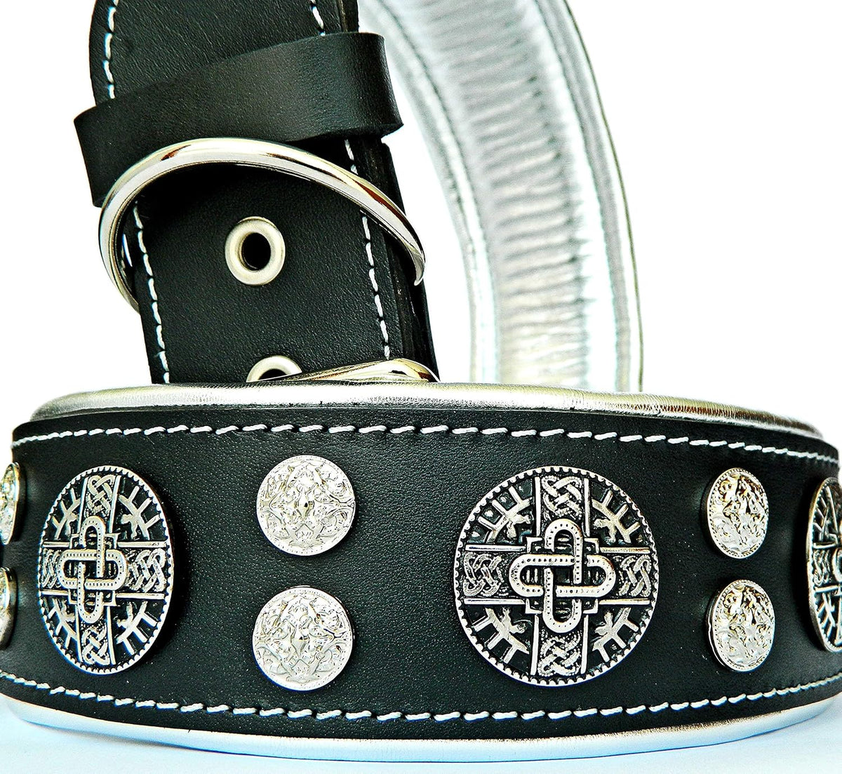 Black wide buffalo leather dog collar with silver conchos for large breeds – view 2