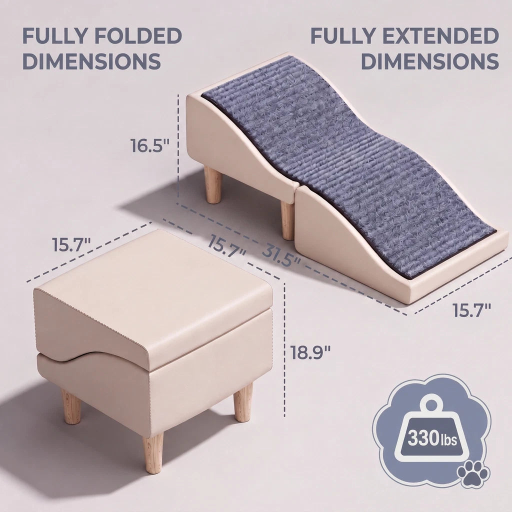 2-in-1 Pet Ramp Stairs for Small Dogs Cats, Foldable Ottoman & Shoe Bench