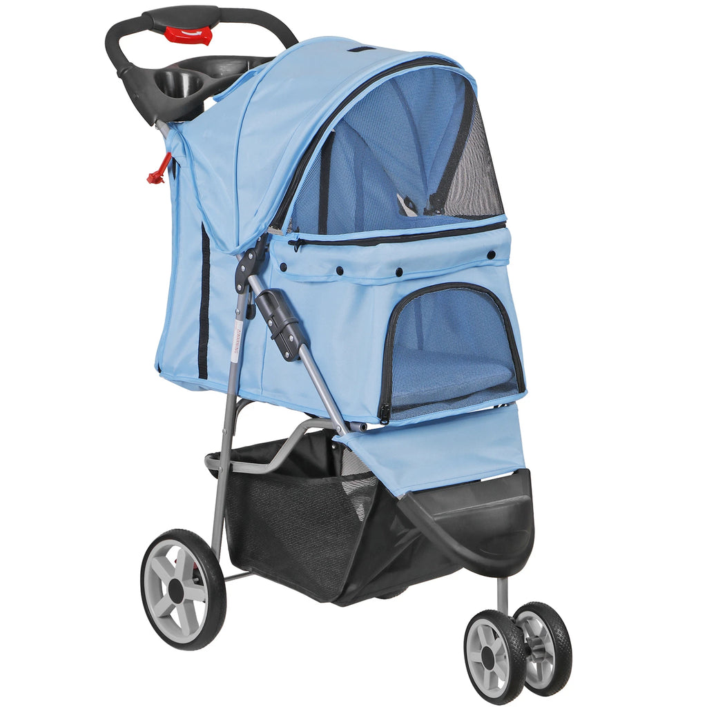 Dog Stroller 3/4-Wheels w/Storage Basket & Cup Holder Foldable Cat Pet Stroller