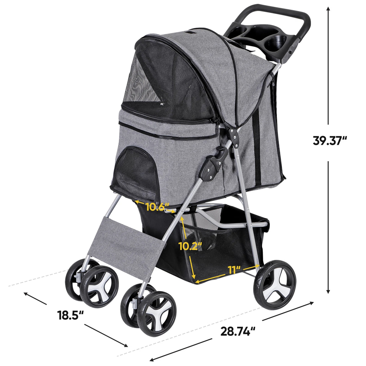 Dog Stroller 3/4-Wheels w/Storage Basket & Cup Holder Foldable Cat Pet Stroller
