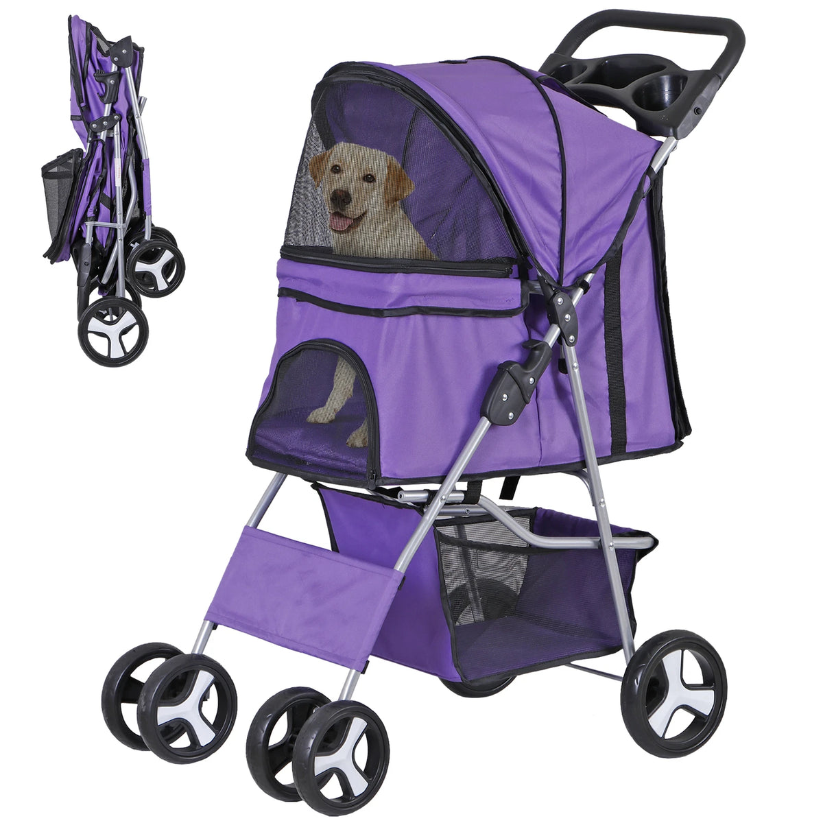 Dog Stroller 3/4-Wheels w/Storage Basket & Cup Holder Foldable Cat Pet Stroller