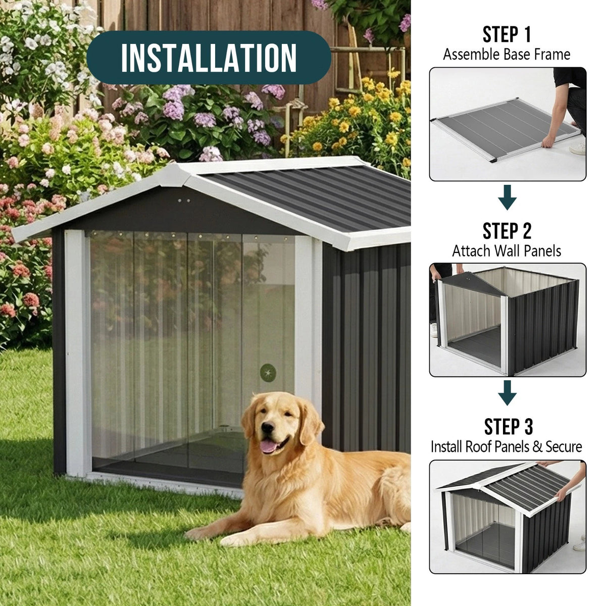 Large Metal Dog House Outdoor Indoor Pet Dog Shelter w/ PVC Door for Large Dogs
