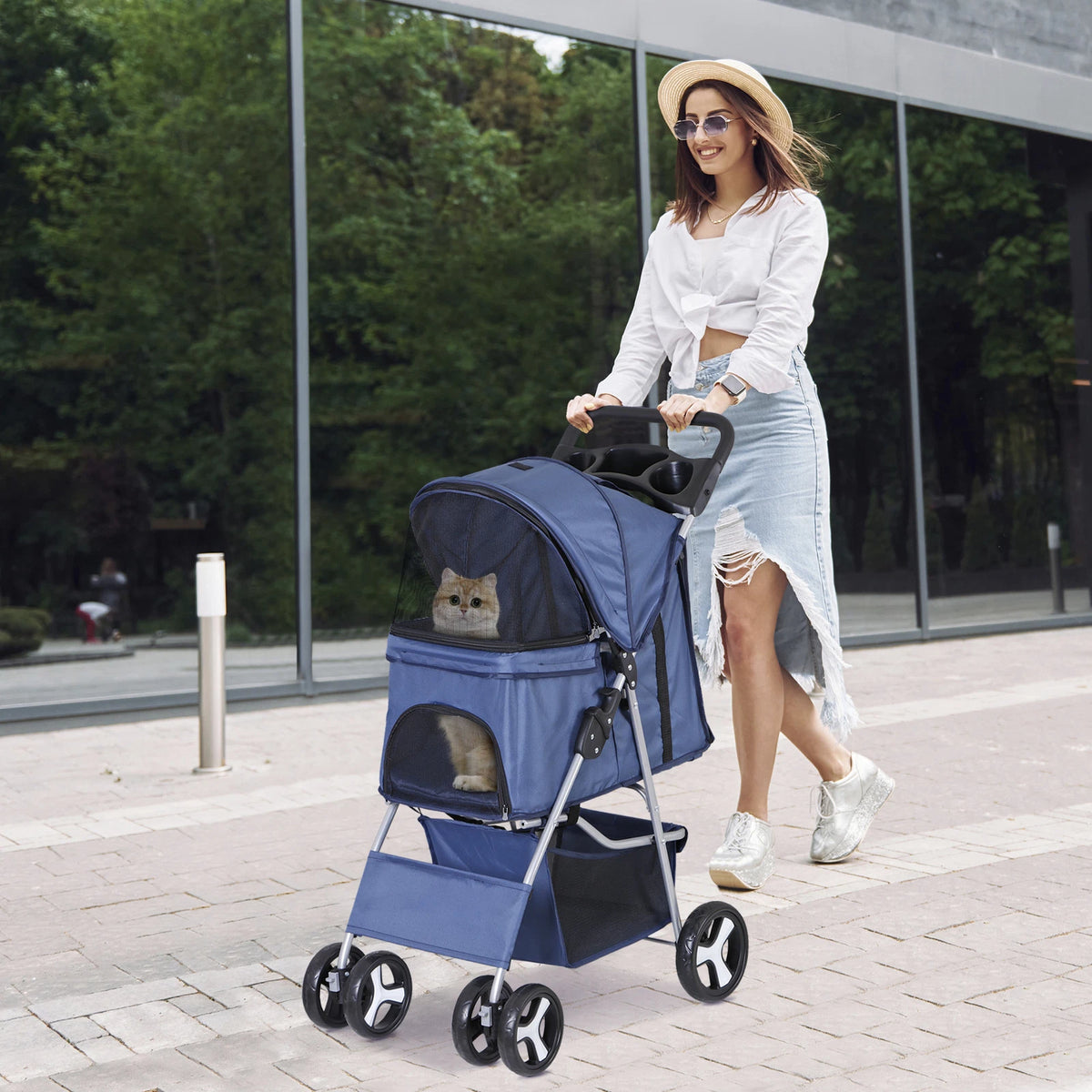 Dog Stroller 3/4-Wheels w/Storage Basket & Cup Holder Foldable Cat Pet Stroller