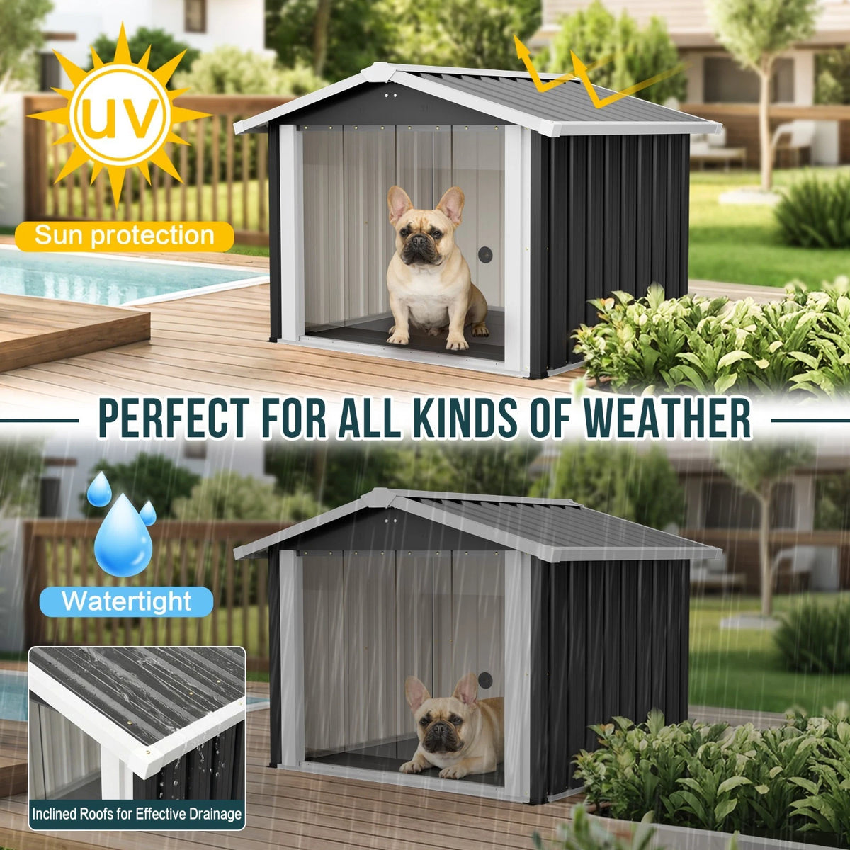 Large Metal Dog House Outdoor Indoor Pet Dog Shelter w/ PVC Door for Large Dogs