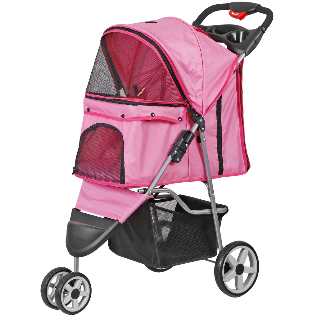 Dog Stroller 3/4-Wheels w/Storage Basket & Cup Holder Foldable Cat Pet Stroller