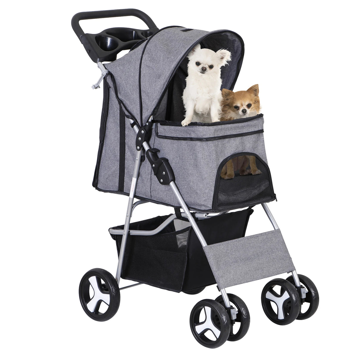 Dog Stroller 3/4-Wheels w/Storage Basket & Cup Holder Foldable Cat Pet Stroller