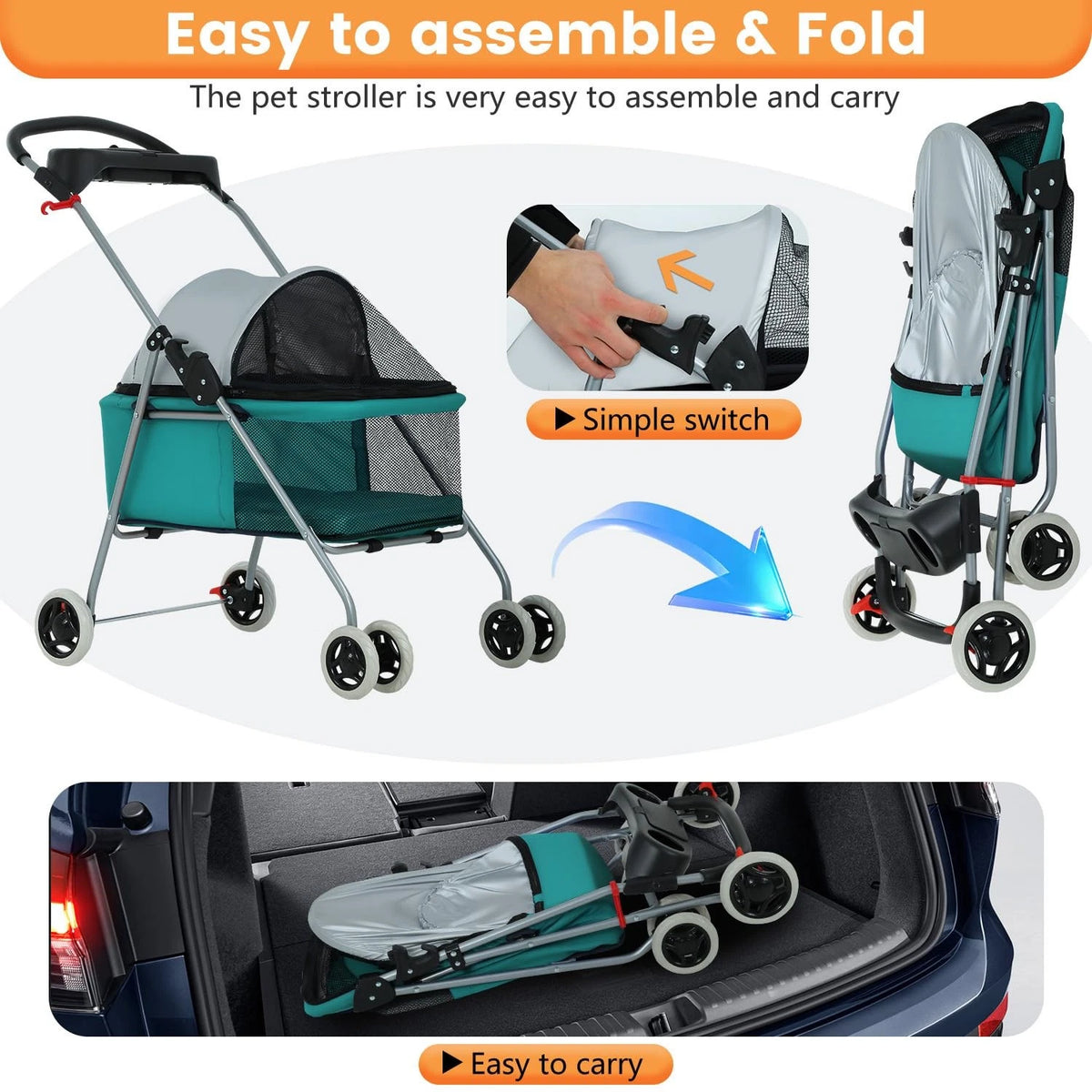 Pet Stroller 4 Wheels Posh Folding Waterproof Portable Travel Cat Dog Stroller