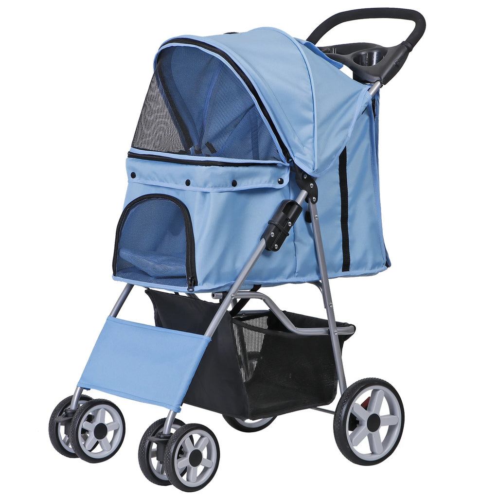 Dog Stroller 3/4-Wheels w/Storage Basket & Cup Holder Foldable Cat Pet Stroller