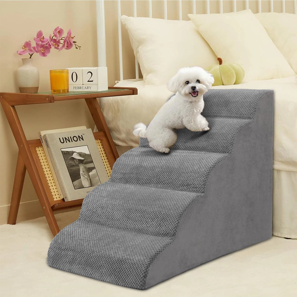 5-Tier Foam Dog Stair Extra Wide Non-Slip Pet Ramp for High Bed & Couch & Window