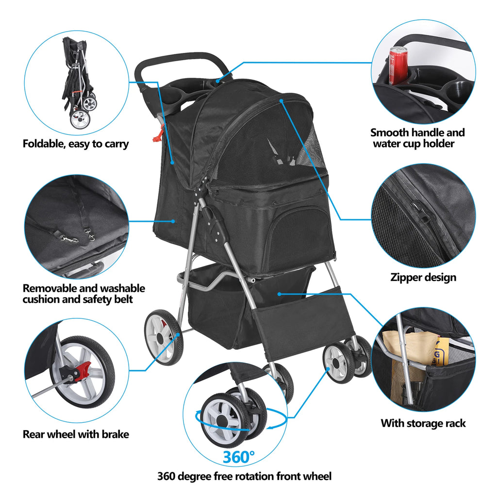 Dog Stroller 3/4-Wheels w/Storage Basket & Cup Holder Foldable Cat Pet Stroller