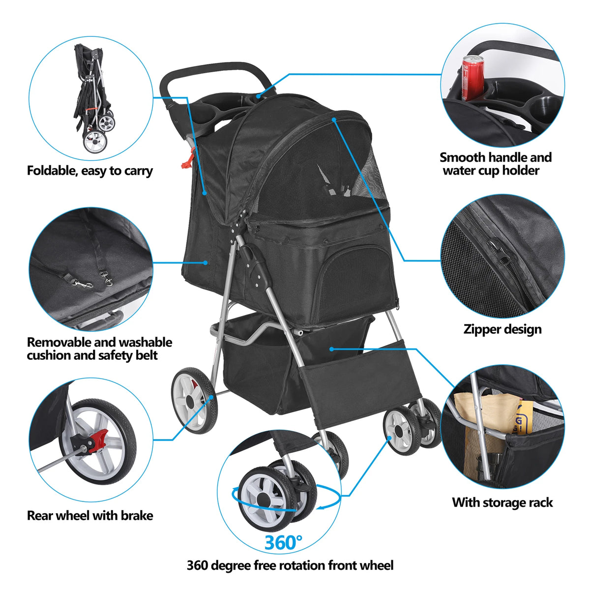 Dog Stroller 3/4-Wheels w/Storage Basket & Cup Holder Foldable Cat Pet Stroller