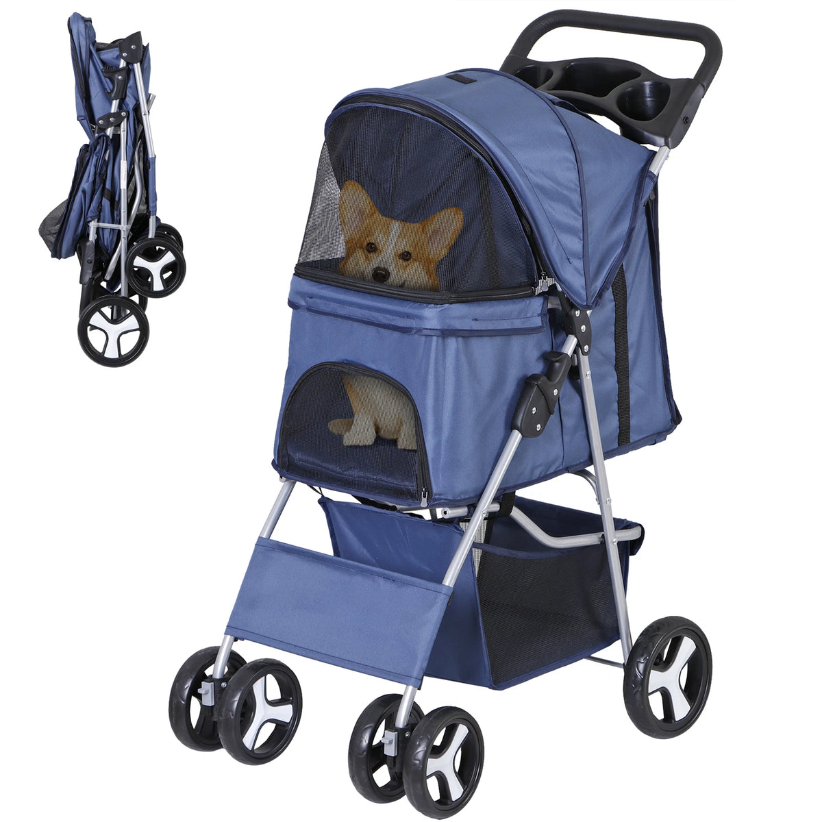 Dog Stroller 3/4-Wheels w/Storage Basket & Cup Holder Foldable Cat Pet Stroller