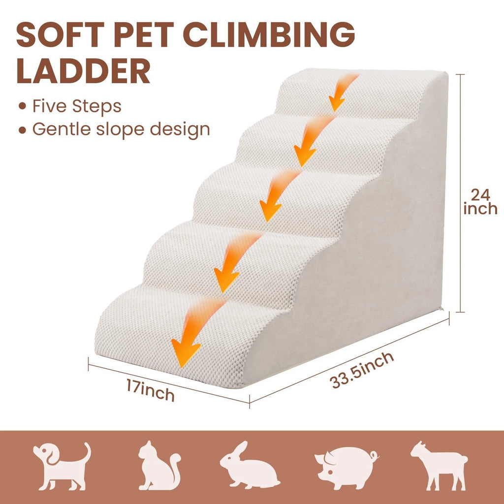 5-Tier Foam Dog Stair Extra Wide Non-Slip Pet Ramp for High Bed & Couch & Window