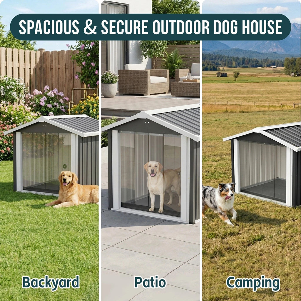 Large Metal Dog House Outdoor Indoor Pet Dog Shelter w/ PVC Door for Large Dogs