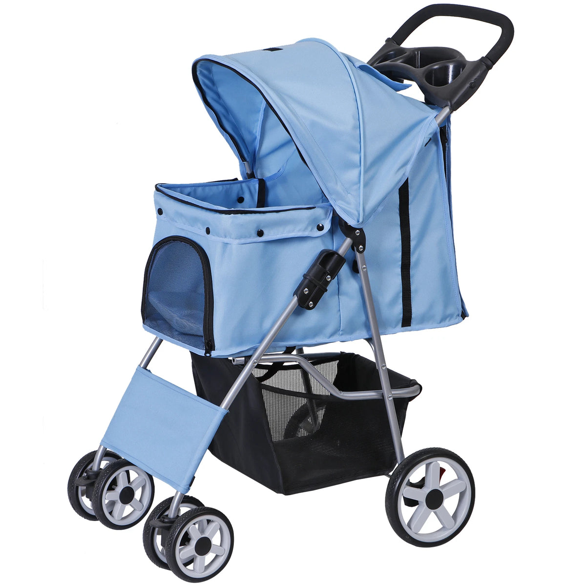 Dog Stroller 3/4-Wheels w/Storage Basket & Cup Holder Foldable Cat Pet Stroller