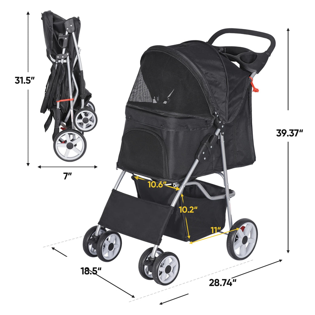 Dog Stroller 3/4-Wheels w/Storage Basket & Cup Holder Foldable Cat Pet Stroller