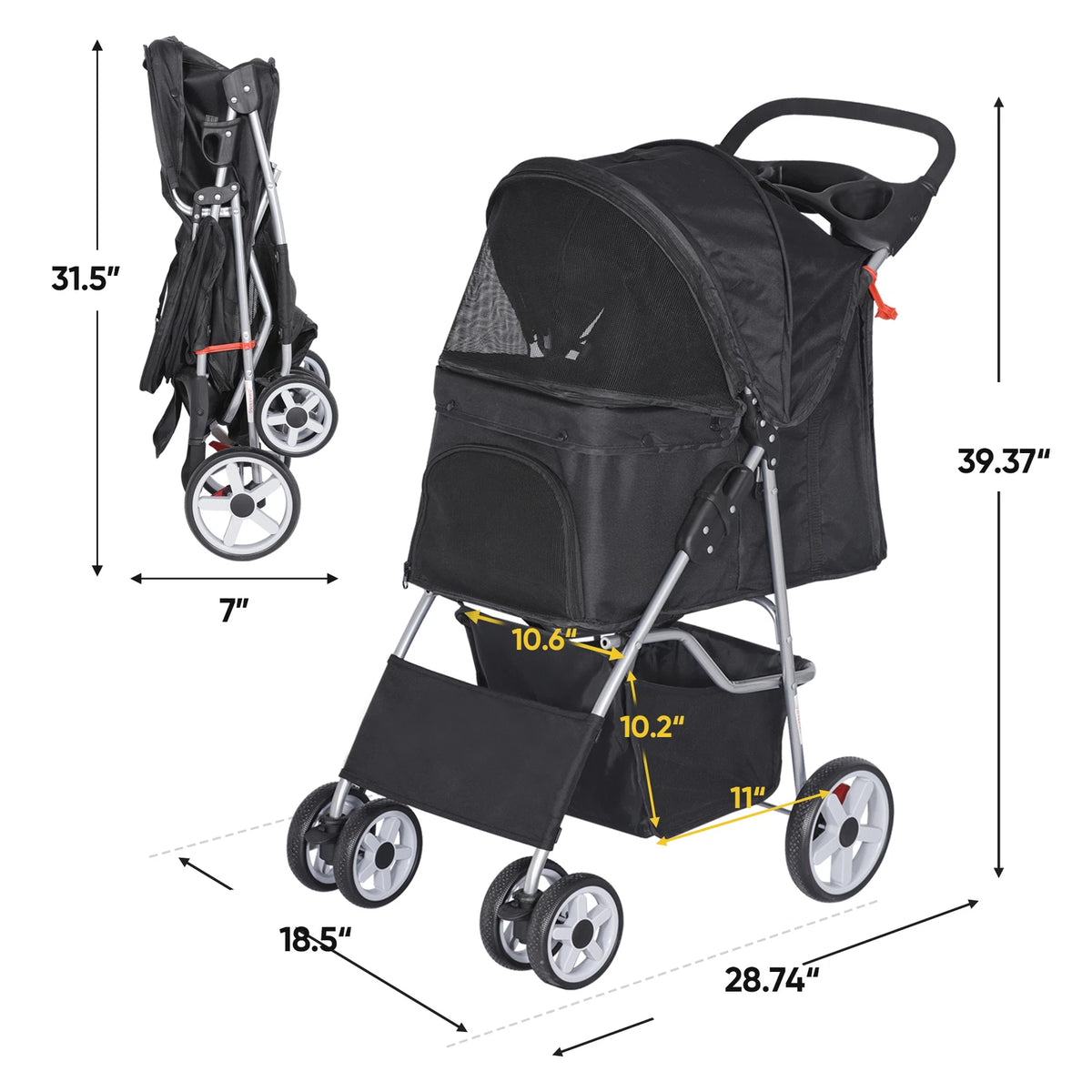 Dog Stroller 3/4-Wheels w/Storage Basket & Cup Holder Foldable Cat Pet Stroller