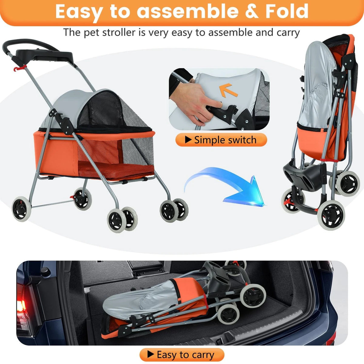 Pet Stroller 4 Wheels Posh Folding Waterproof Portable Travel Cat Dog Stroller