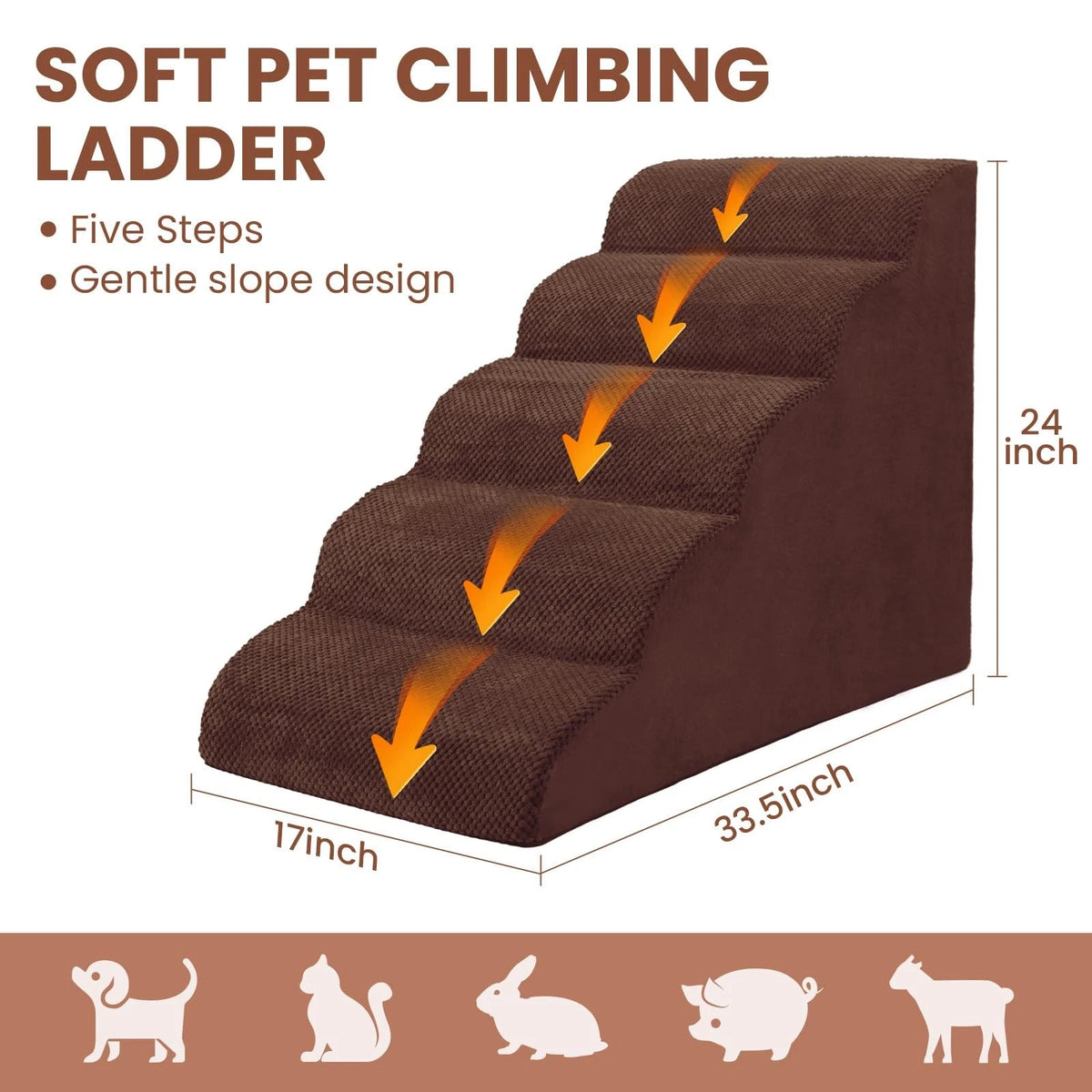 5-Tier Foam Dog Stair Extra Wide Non-Slip Pet Ramp for High Bed & Couch & Window
