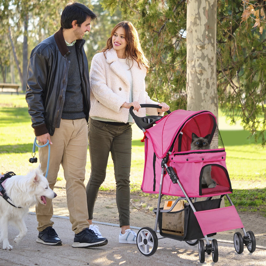 Dog Stroller 3/4-Wheels w/Storage Basket & Cup Holder Foldable Cat Pet Stroller