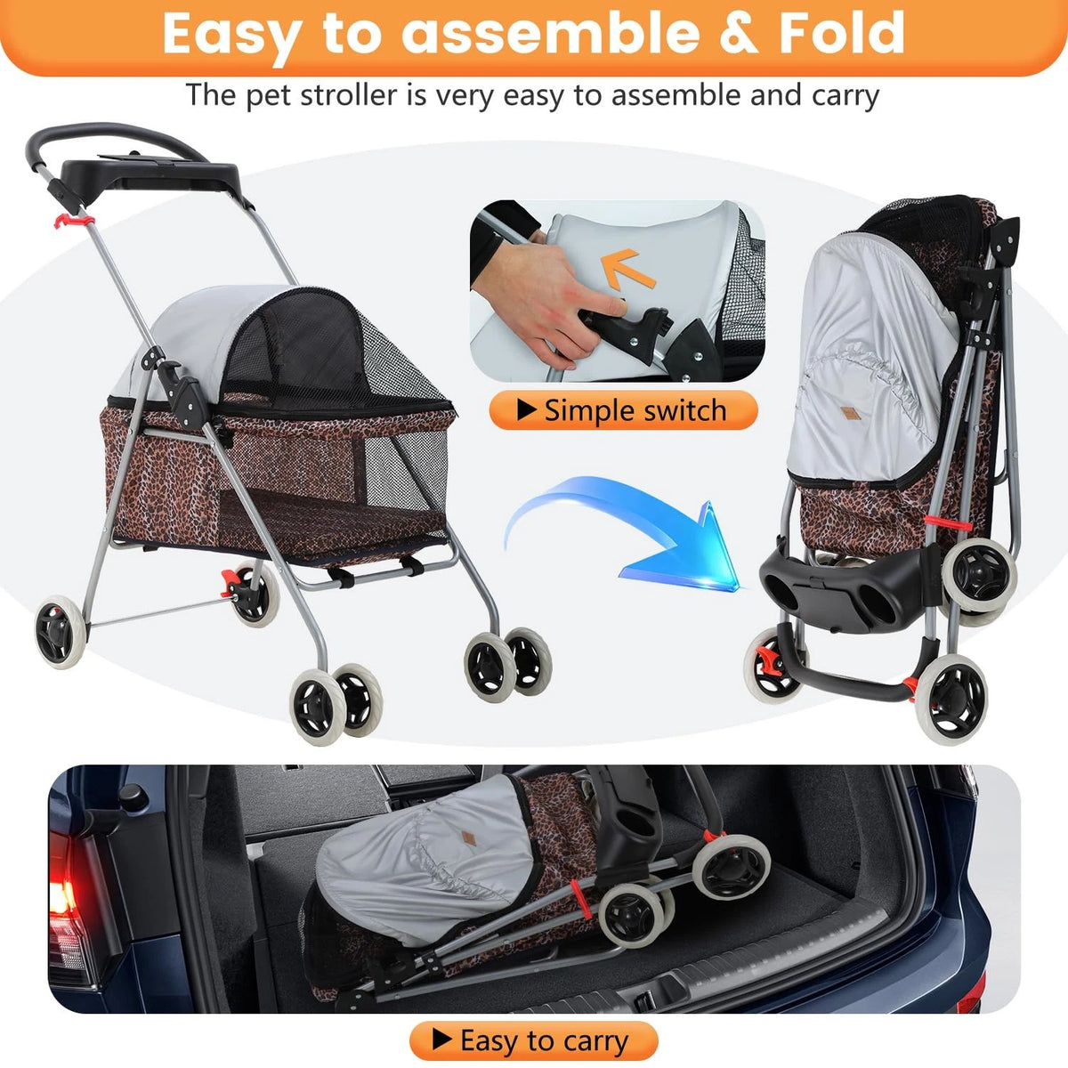 Pet Stroller 4 Wheels Posh Folding Waterproof Portable Travel Cat Dog Stroller