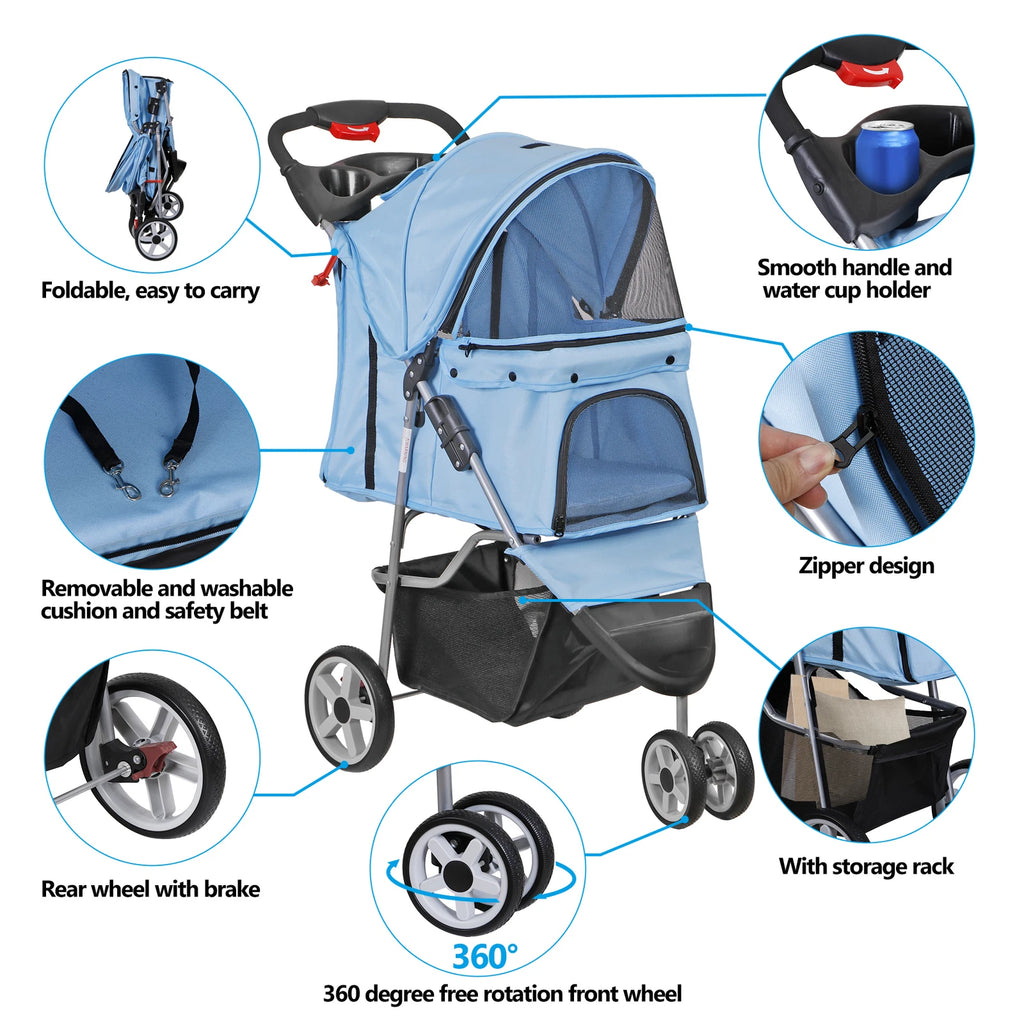 Dog Stroller 3/4-Wheels w/Storage Basket & Cup Holder Foldable Cat Pet Stroller