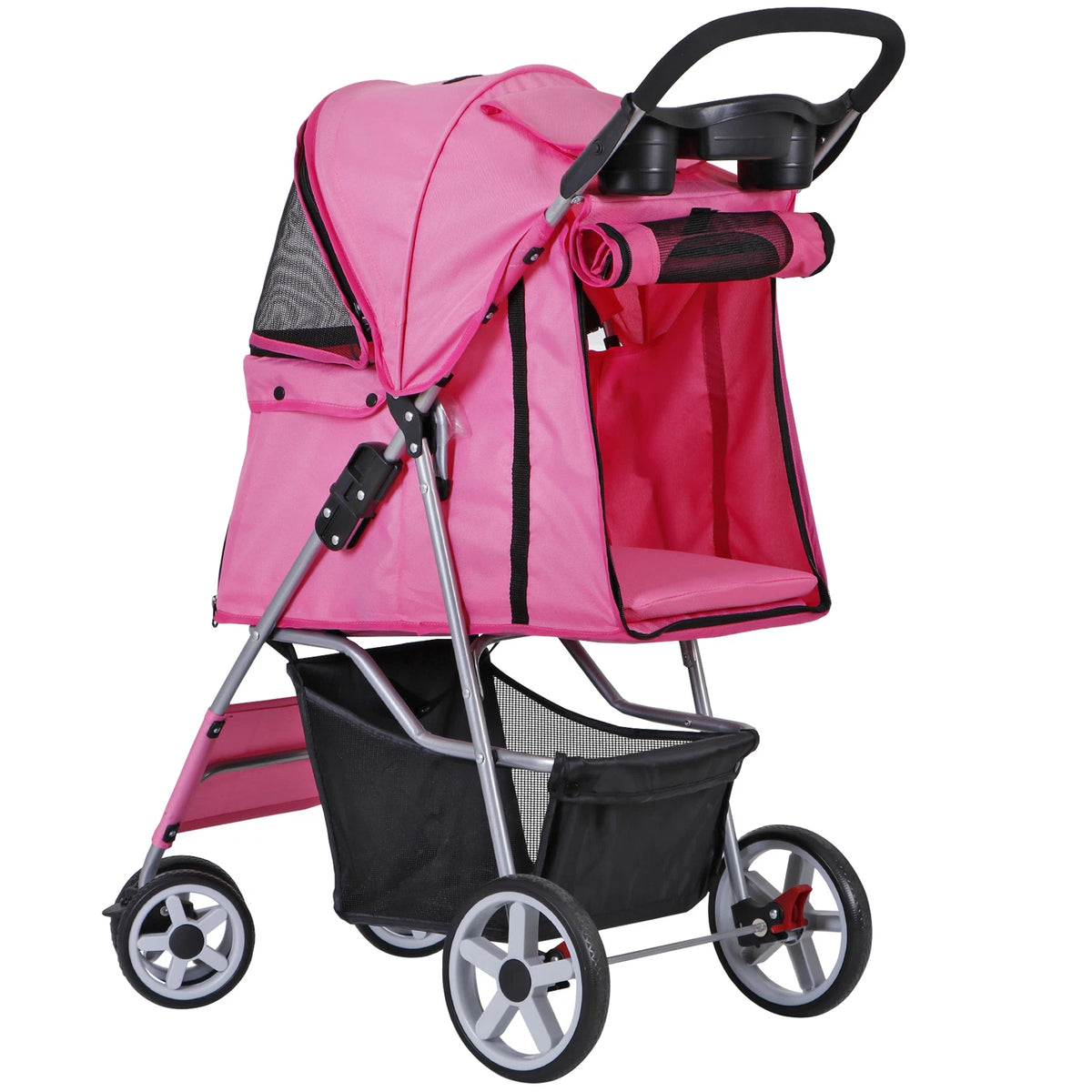 Dog Stroller 3/4-Wheels w/Storage Basket & Cup Holder Foldable Cat Pet Stroller