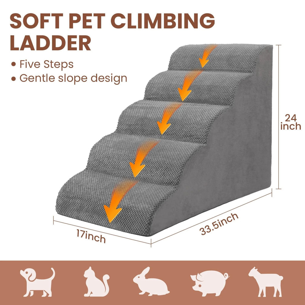 5-Tier Foam Dog Stair Extra Wide Non-Slip Pet Ramp for High Bed & Couch & Window