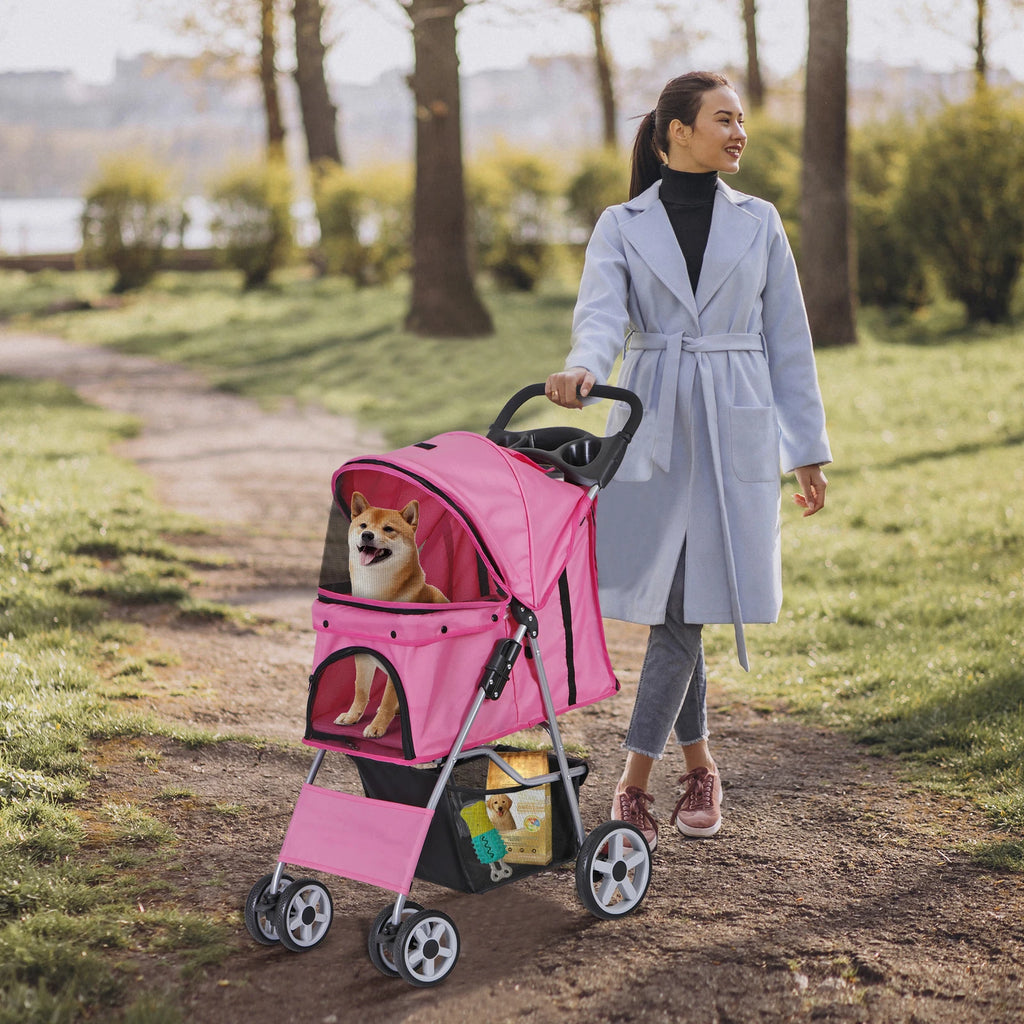 Dog Stroller 3/4-Wheels w/Storage Basket & Cup Holder Foldable Cat Pet Stroller