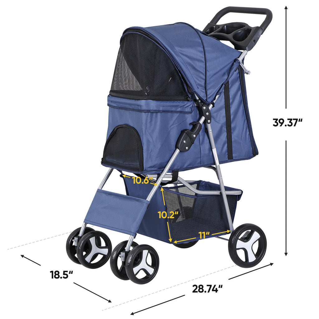 Dog Stroller 3/4-Wheels w/Storage Basket & Cup Holder Foldable Cat Pet Stroller