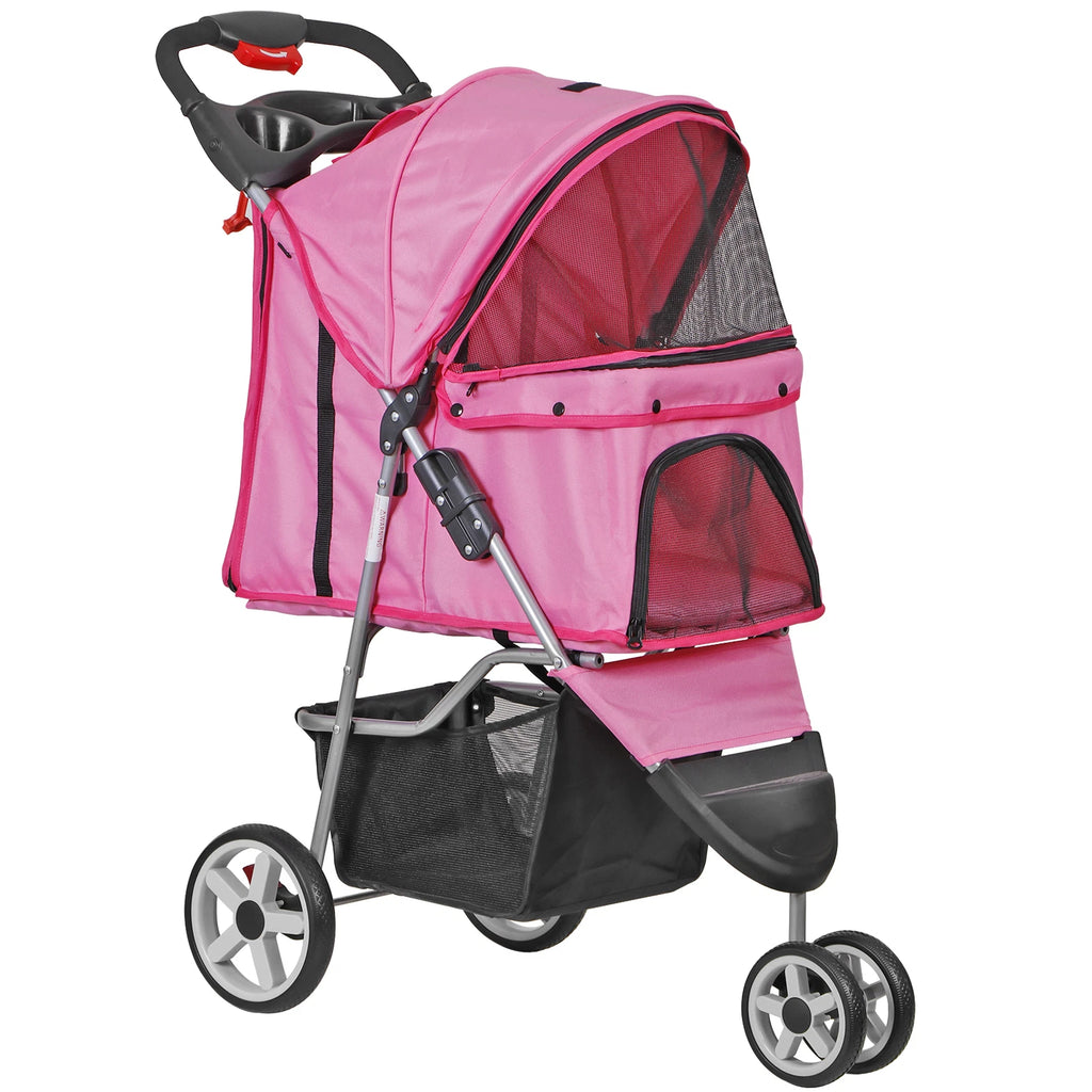 Dog Stroller 3/4-Wheels w/Storage Basket & Cup Holder Foldable Cat Pet Stroller