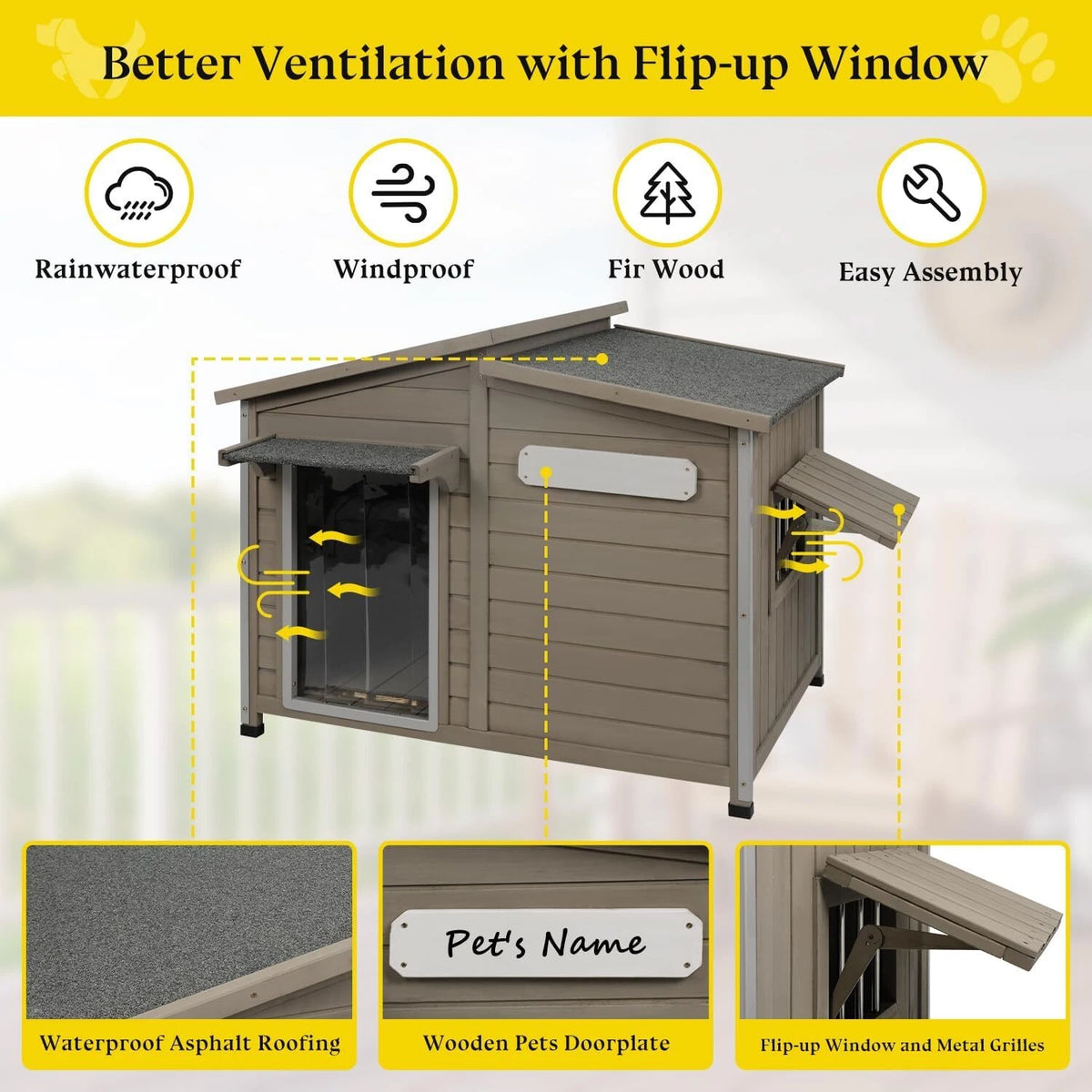 PETSCOSSET Dog House Outdoor Wooden Dog Kennel Indoor with Chew-Proof Iron Frame