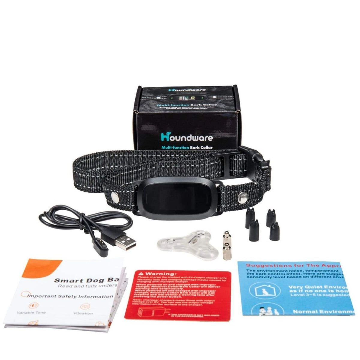 \[Houndware\] Multi-Functional Anti-Bark Collar - IP67, Dual Sensors, 4 Modes, Qui