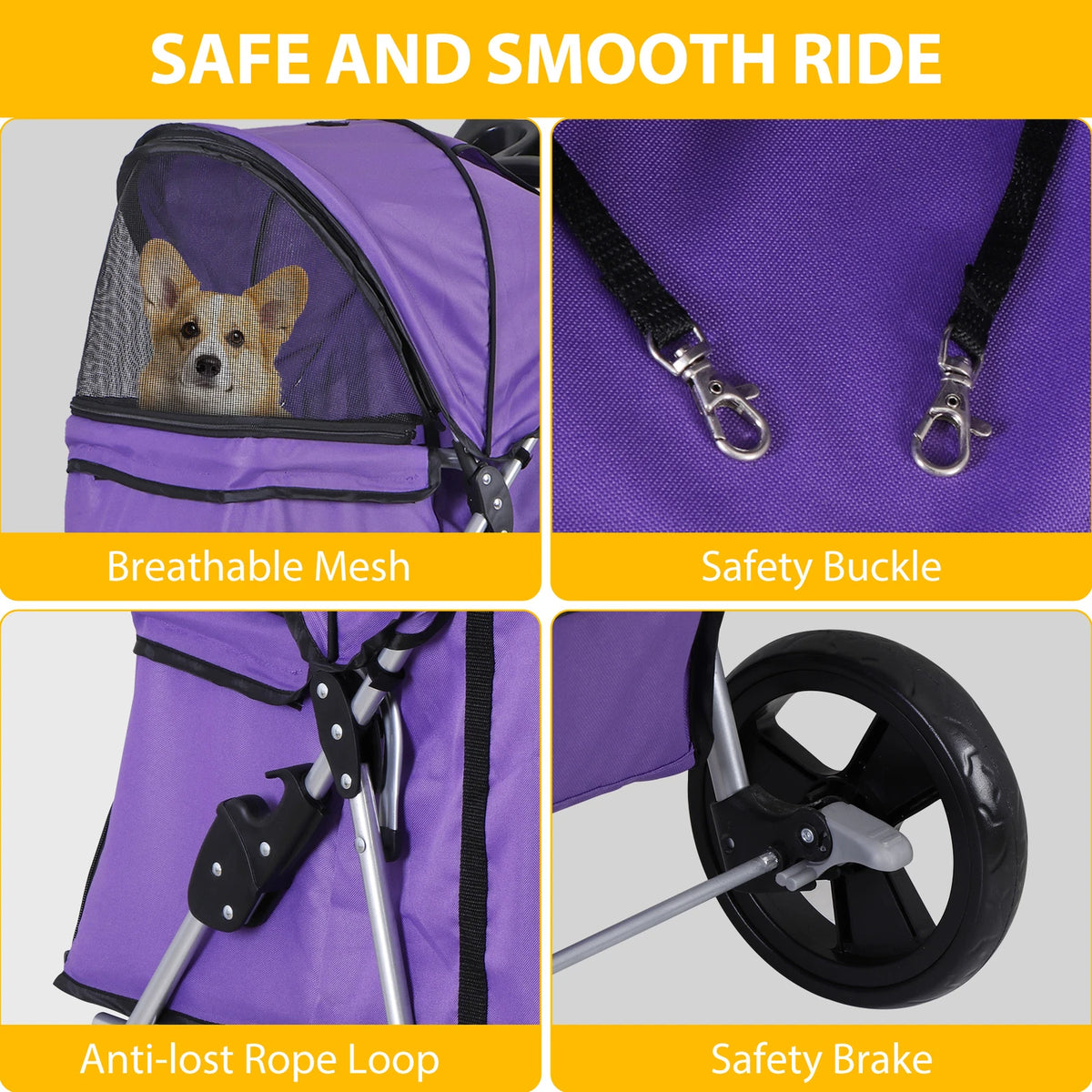 Dog Stroller 3/4-Wheels w/Storage Basket & Cup Holder Foldable Cat Pet Stroller