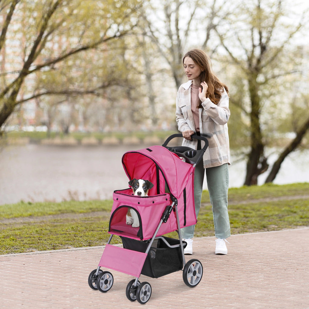Dog Stroller 3/4-Wheels w/Storage Basket & Cup Holder Foldable Cat Pet Stroller