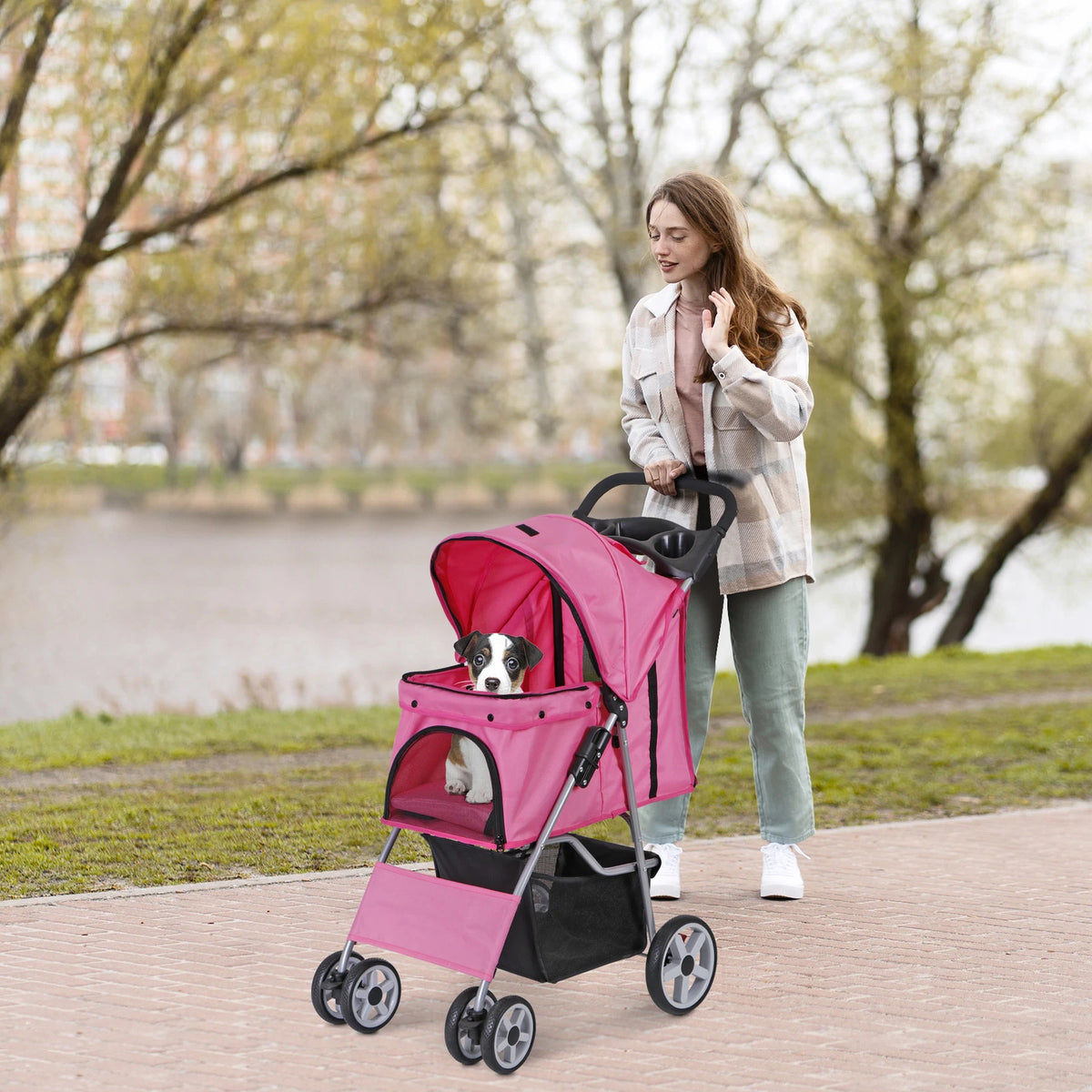 Dog Stroller 3/4-Wheels w/Storage Basket & Cup Holder Foldable Cat Pet Stroller