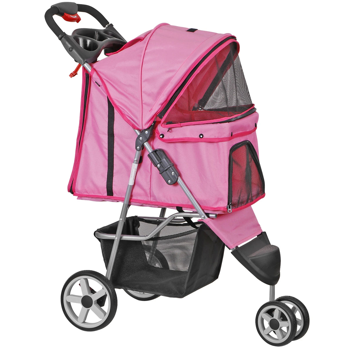 Dog Stroller 3/4-Wheels w/Storage Basket & Cup Holder Foldable Cat Pet Stroller