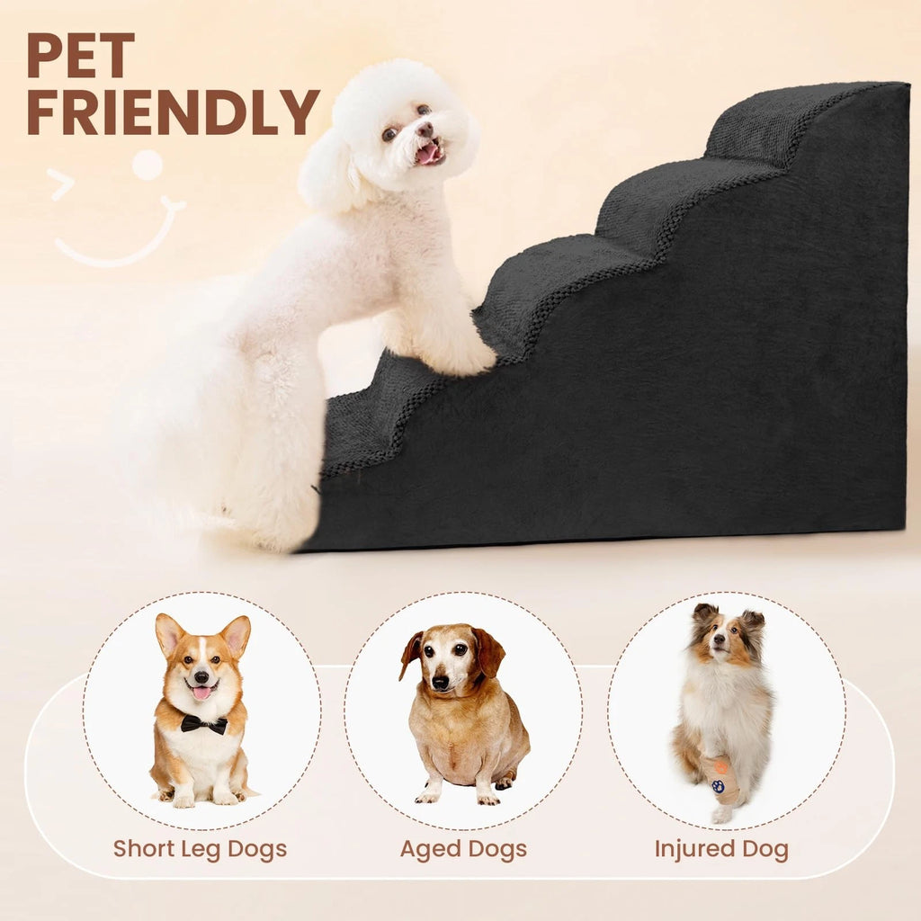 5-Tier Foam Dog Stair Extra Wide Non-Slip Pet Ramp for High Bed & Couch & Window
