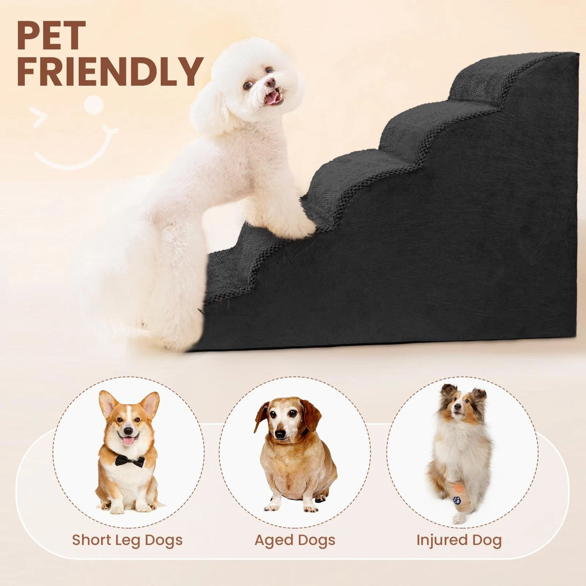 5-Tier Foam Dog Stair Extra Wide Non-Slip Pet Ramp for High Bed & Couch & Window
