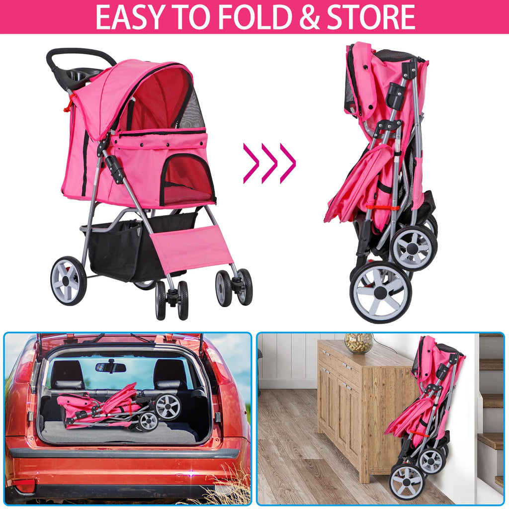 Dog Stroller 3/4-Wheels w/Storage Basket & Cup Holder Foldable Cat Pet Stroller
