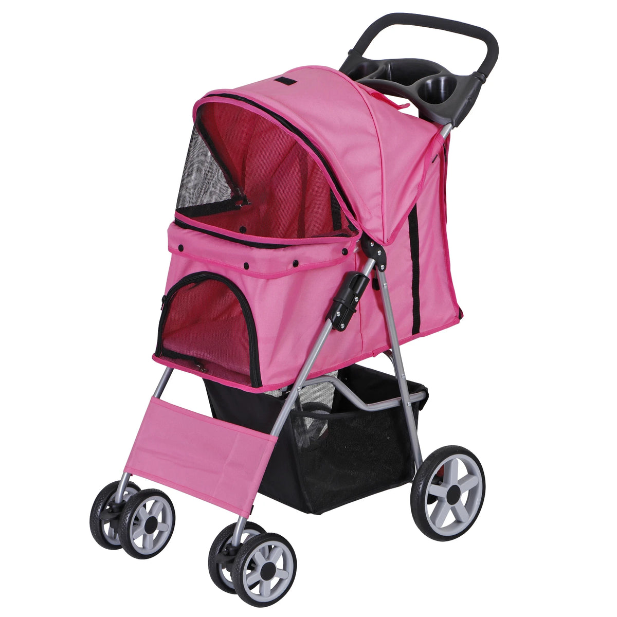 Dog Stroller 3/4-Wheels w/Storage Basket & Cup Holder Foldable Cat Pet Stroller