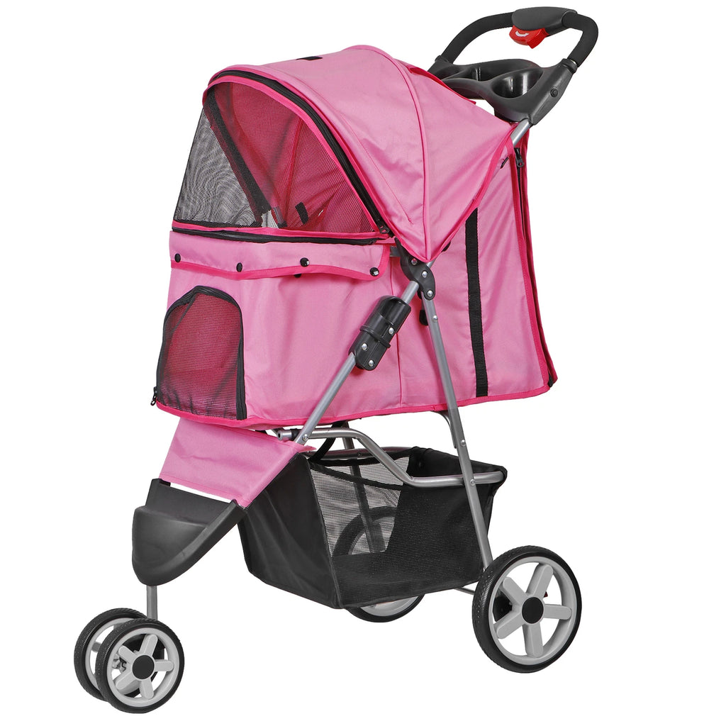 Dog Stroller 3/4-Wheels w/Storage Basket & Cup Holder Foldable Cat Pet Stroller