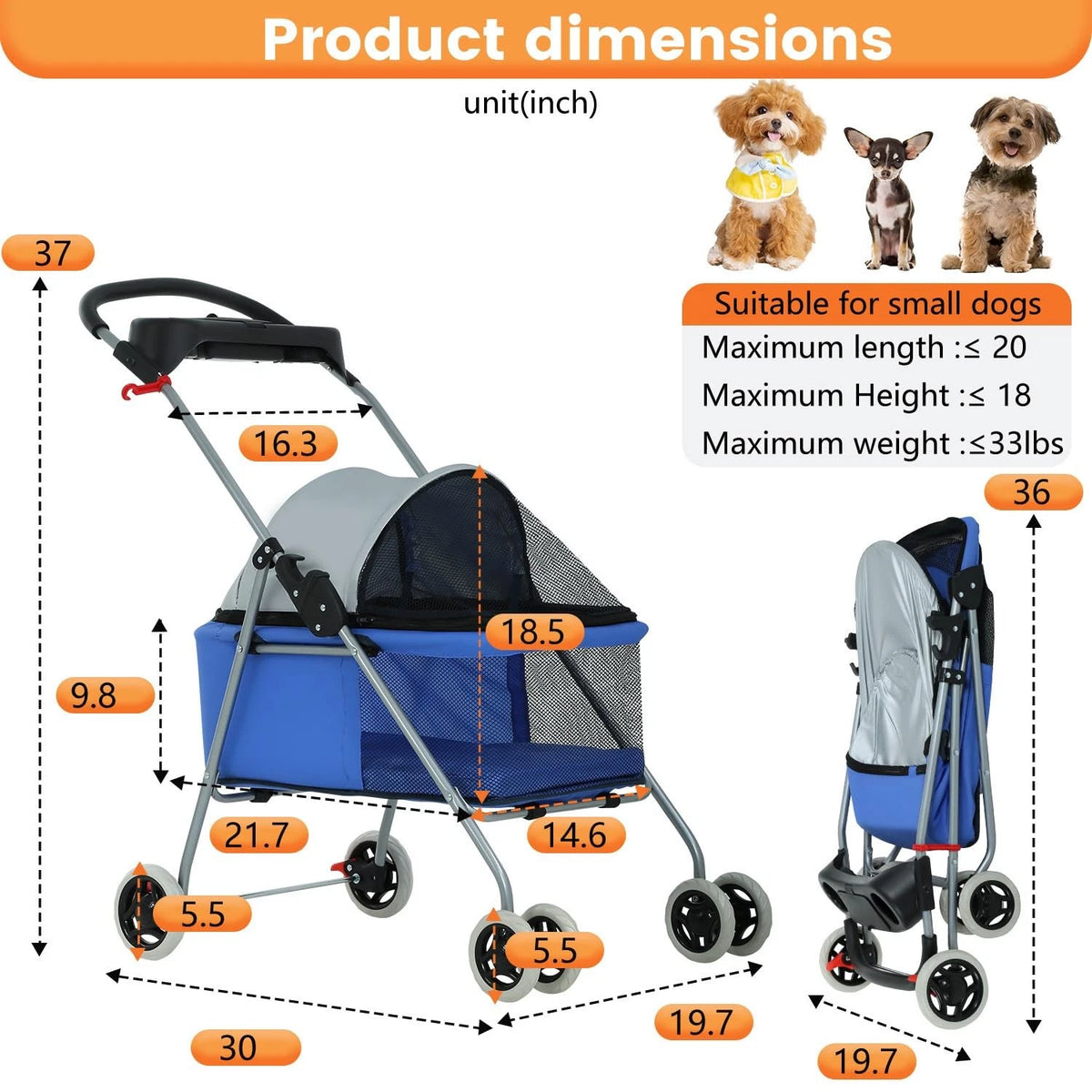 Pet Stroller 4 Wheels Posh Folding Waterproof Portable Travel Cat Dog Stroller