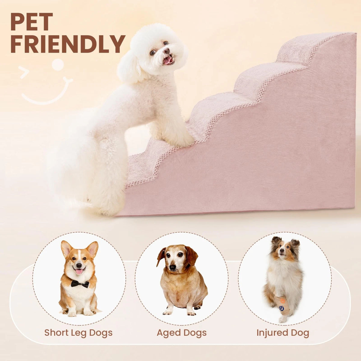 5-Tier Foam Dog Stair Extra Wide Non-Slip Pet Ramp for High Bed & Couch & Window
